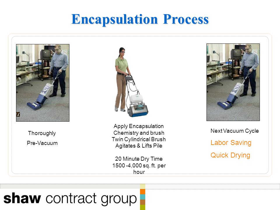 Encapsulation Process Apply Encapsulation Chemistry and brush Twin Cylindrical Brush Agitates & Lifts Pile 20 Minute Dry Time ,000 sq.