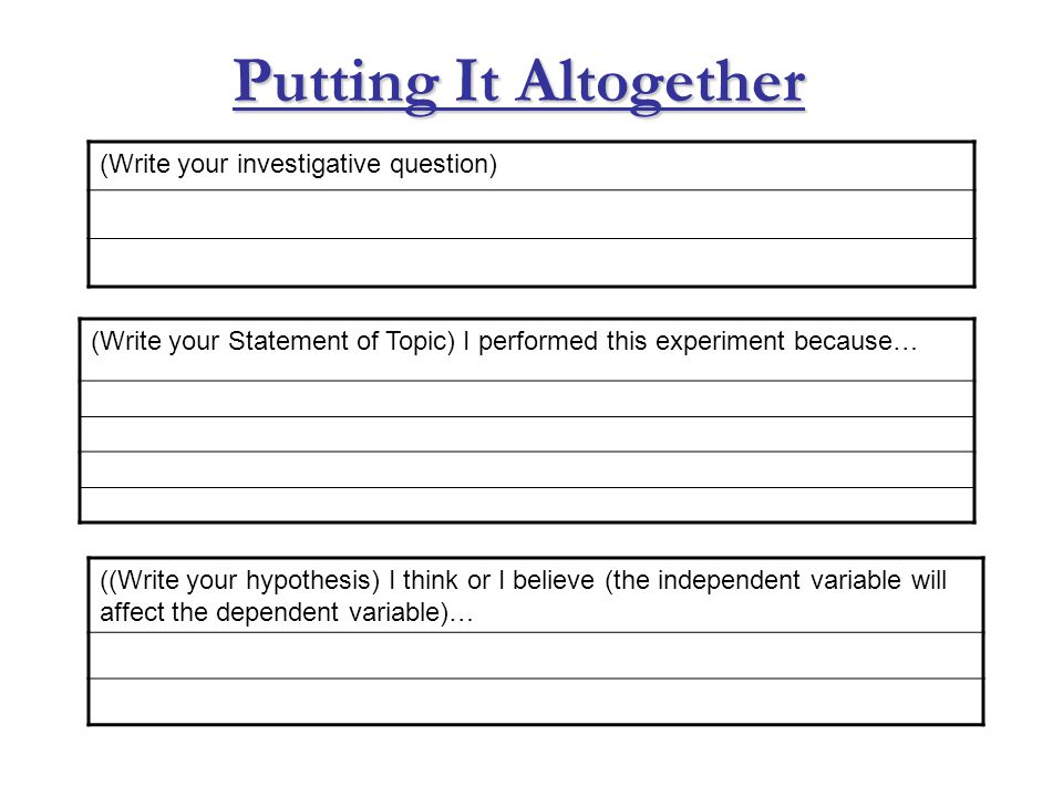 (Write your investigative question) (Write your Statement of Topic) I performed this experiment because… ((Write your hypothesis) I think or I believe (the independent variable will affect the dependent variable)… Putting It Altogether