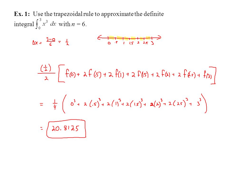 Ex. 1: Use the trapezoidal rule to approximate the definite integral with n = 6.