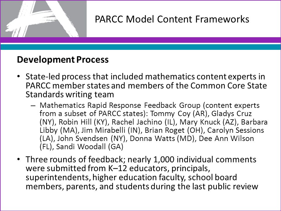 PARCC Model Content Frameworks Development Process State-led process that included mathematics content experts in PARCC member states and members of the Common Core State Standards writing team – Mathematics Rapid Response Feedback Group (content experts from a subset of PARCC states): Tommy Coy (AR), Gladys Cruz (NY), Robin Hill (KY), Rachel Jachino (IL), Mary Knuck (AZ), Barbara Libby (MA), Jim Mirabelli (IN), Brian Roget (OH), Carolyn Sessions (LA), John Svendsen (NY), Donna Watts (MD), Dee Ann Wilson (FL), Sandi Woodall (GA) Three rounds of feedback; nearly 1,000 individual comments were submitted from K–12 educators, principals, superintendents, higher education faculty, school board members, parents, and students during the last public review