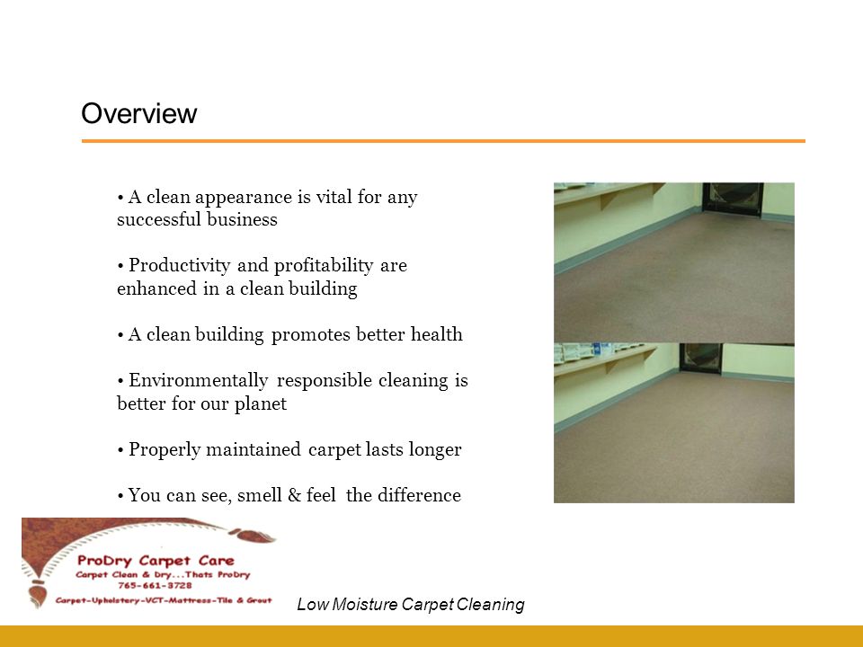 Overview Low Moisture Carpet Cleaning A clean appearance is vital for any successful business Productivity and profitability are enhanced in a clean building A clean building promotes better health Environmentally responsible cleaning is better for our planet Properly maintained carpet lasts longer You can see, smell & feel the difference