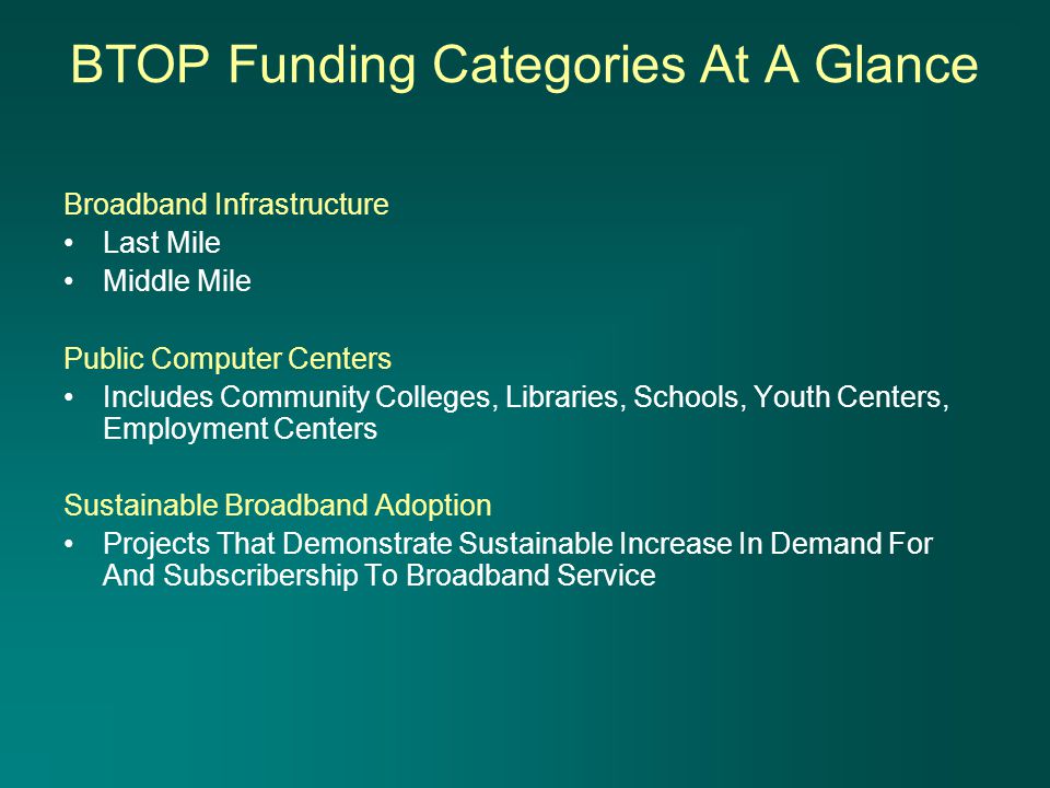 BTOP Funding Categories At A Glance Broadband Infrastructure Last Mile Middle Mile Public Computer Centers Includes Community Colleges, Libraries, Schools, Youth Centers, Employment Centers Sustainable Broadband Adoption Projects That Demonstrate Sustainable Increase In Demand For And Subscribership To Broadband Service