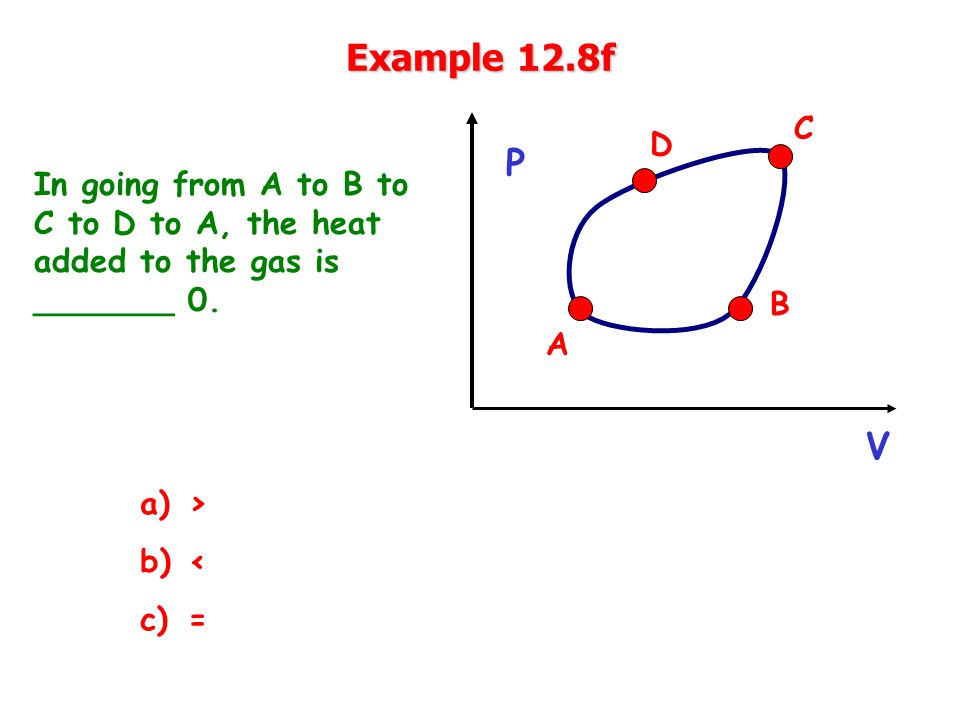 Example 12.8f In going from A to B to C to D to A, the heat added to the gas is _______ 0.