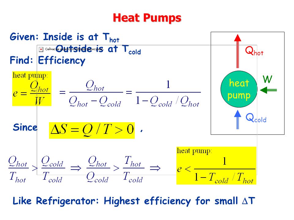 Heat Pumps Q hot heat pump Q cold W Given: Inside is at T hot Outside is at T cold Find: Efficiency Since, Like Refrigerator: Highest efficiency for small  T