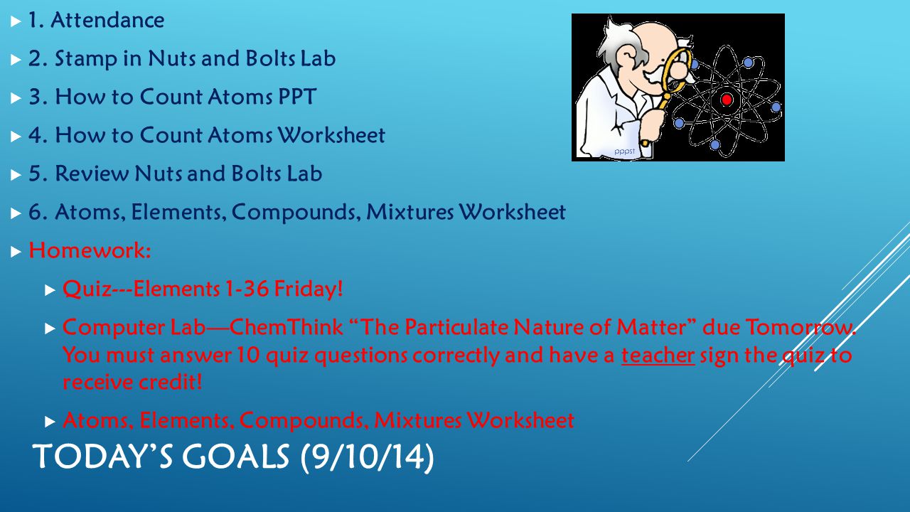 worksheet Counting Atoms Worksheet Grade 9 todays goals 82014 1 attendance 2 review and collect 91014 2