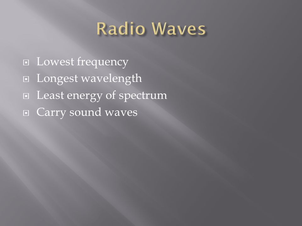  Lowest frequency  Longest wavelength  Least energy of spectrum  Carry sound waves