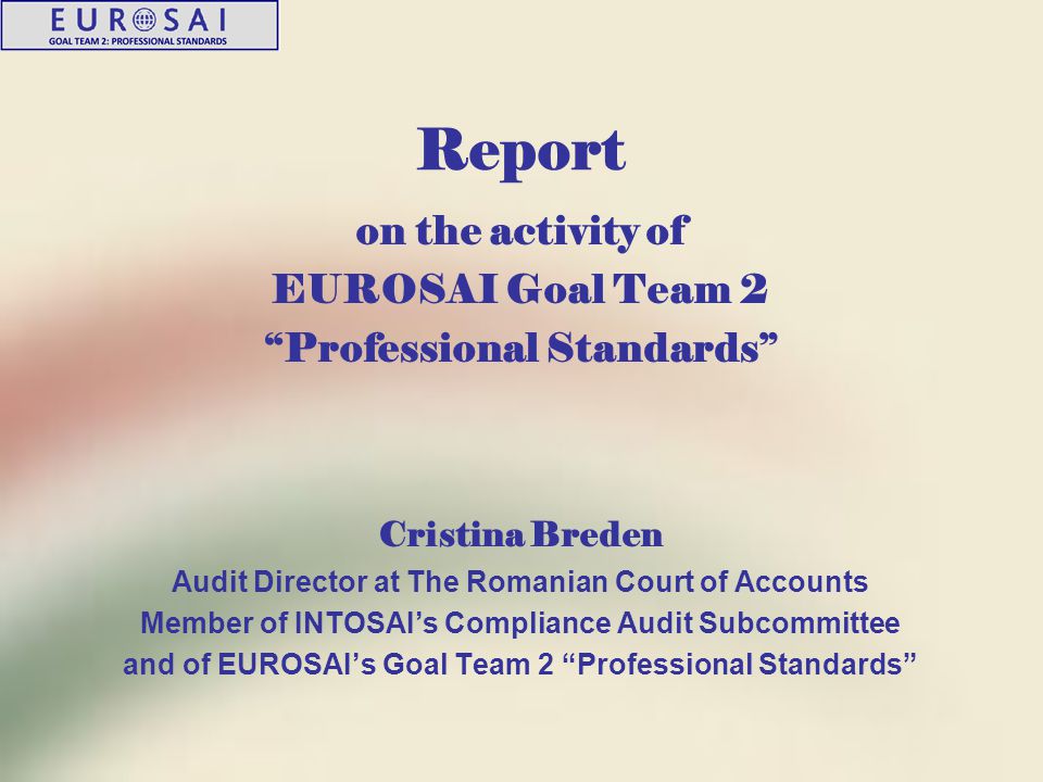 Report on the activity of EUROSAI Goal Team 2 Professional Standards Cristina Breden Audit Director at The Romanian Court of Accounts Member of INTOSAI’s Compliance Audit Subcommittee and of EUROSAI’s Goal Team 2 Professional Standards