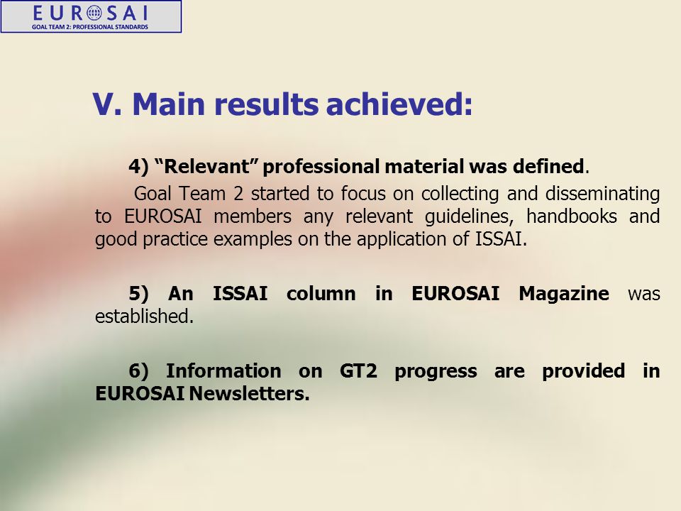 V. Main results achieved: 4) Relevant professional material was defined.