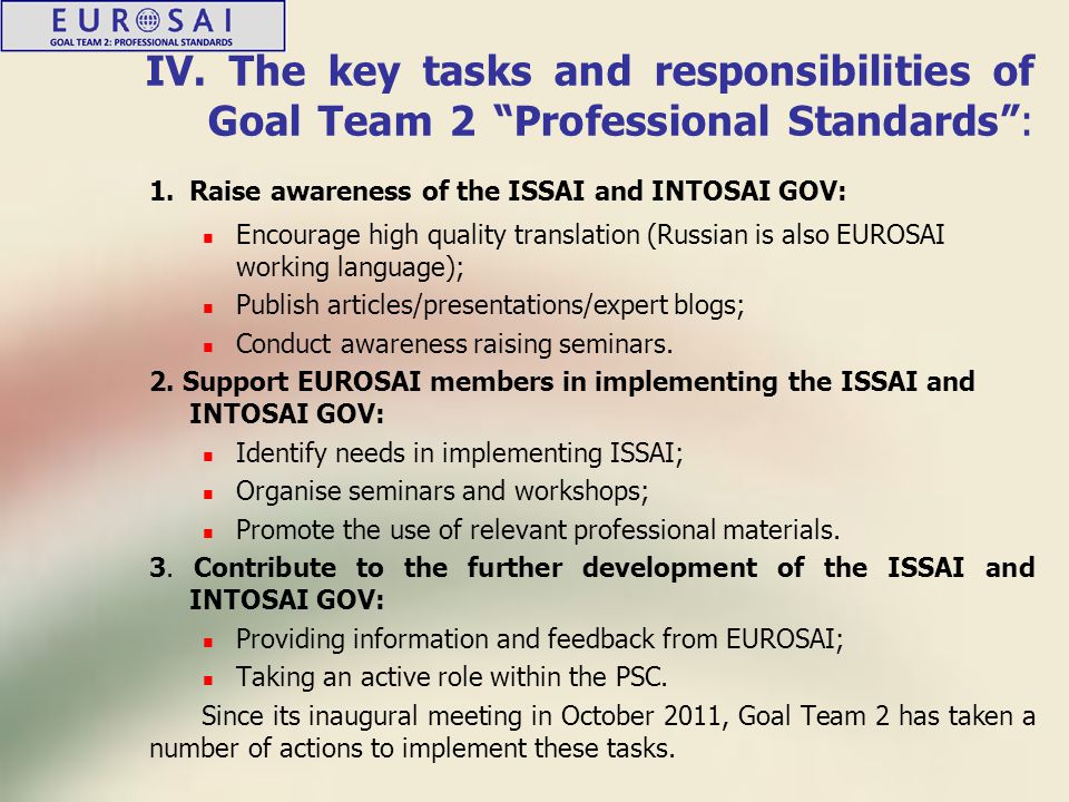 IV. The key tasks and responsibilities of Goal Team 2 Professional Standards : 1.