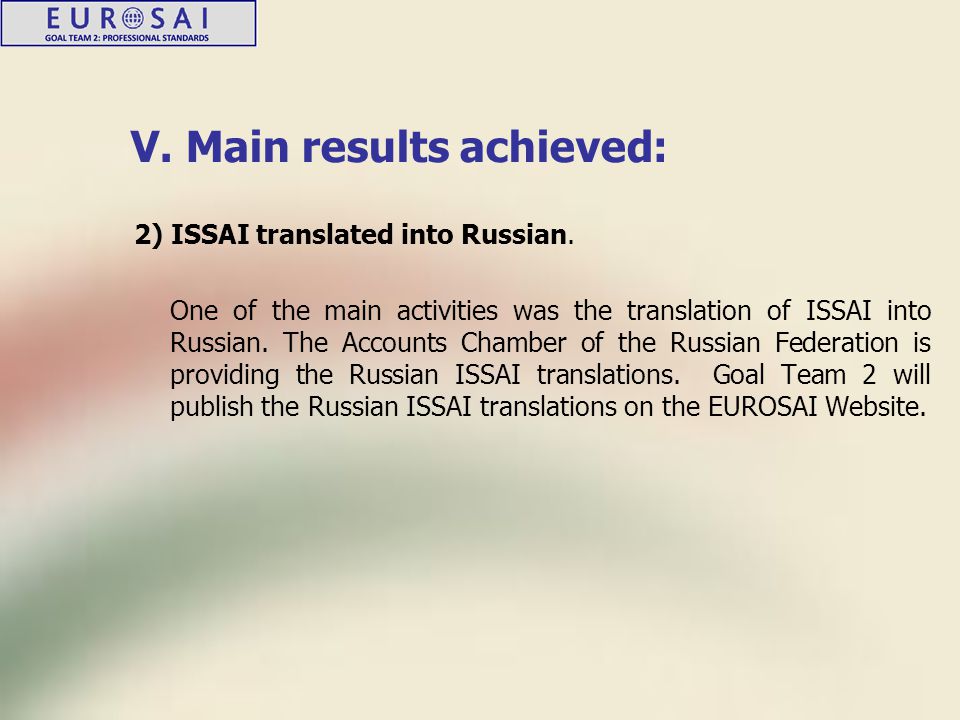 V. Main results achieved: 2) ISSAI translated into Russian.
