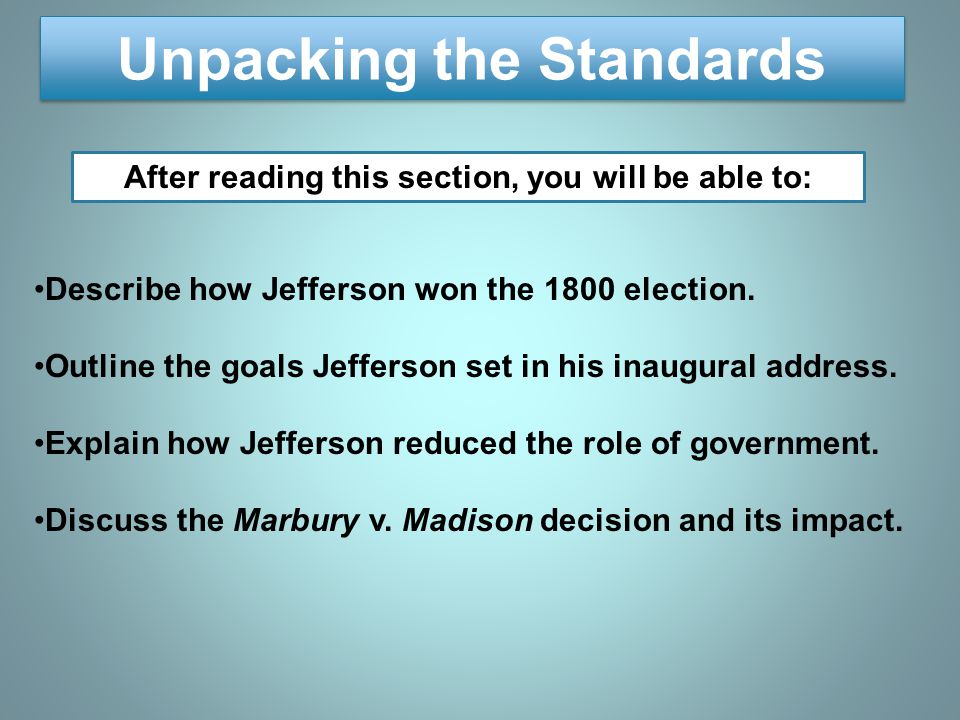 Unpacking the Standards After reading this section, you will be able to: Describe how Jefferson won the 1800 election.