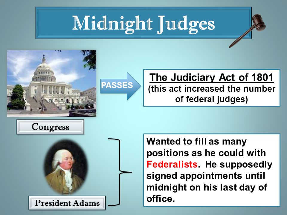 Midnight Judges Congress The Judiciary Act of 1801 (this act increased the number of federal judges) PASSES President Adams Wanted to fill as many positions as he could with Federalists.