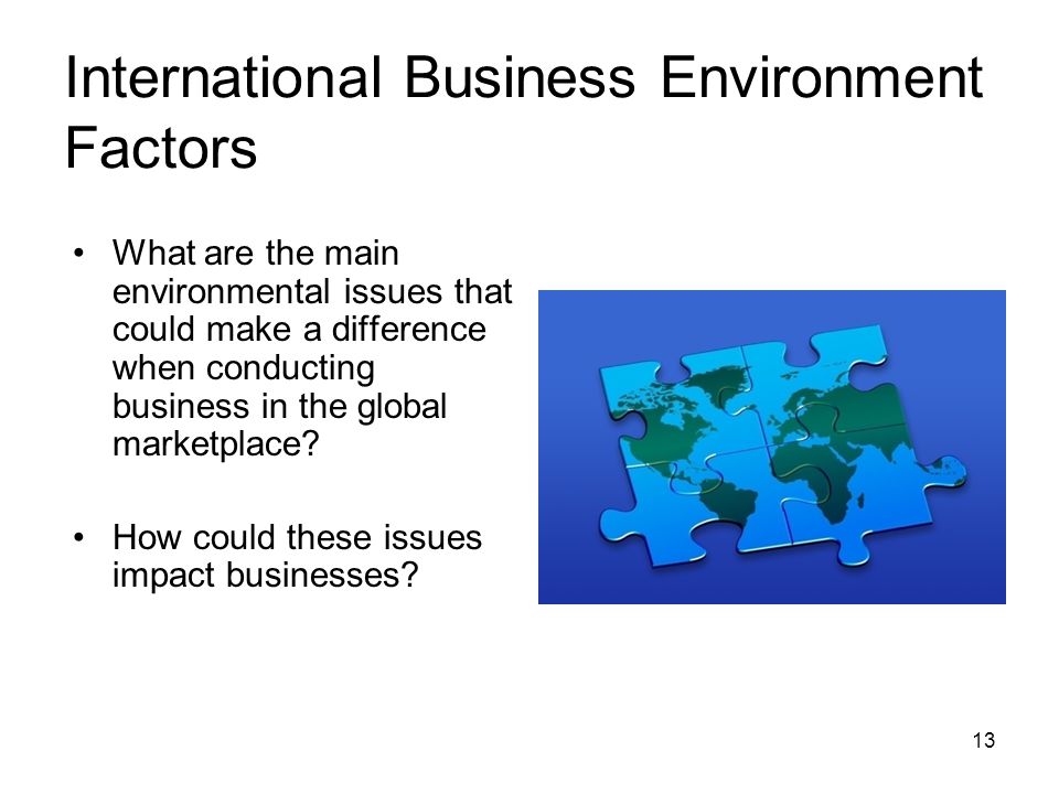 International Business Environment Factors What are the main environmental issues that could make a difference when conducting business in the global marketplace.