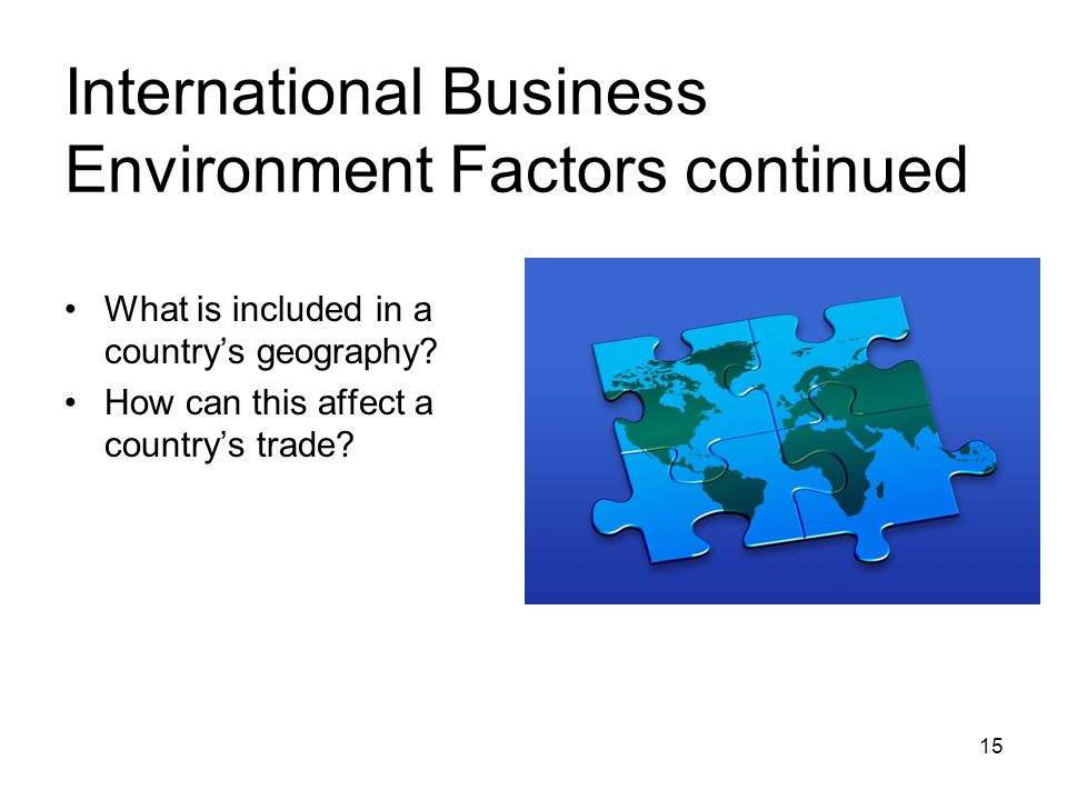 International Business Environment Factors continued What is included in a country’s geography.