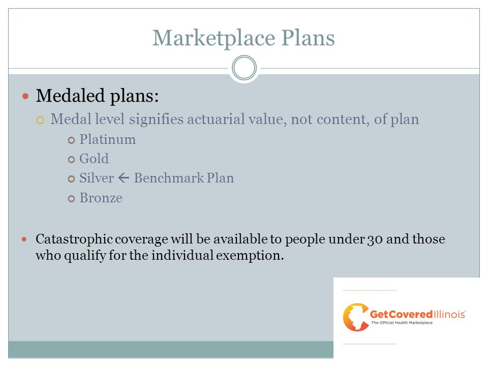 Marketplace Plans Medaled plans:  Medal level signifies actuarial value, not content, of plan Platinum Gold Silver  Benchmark Plan Bronze Catastrophic coverage will be available to people under 30 and those who qualify for the individual exemption.