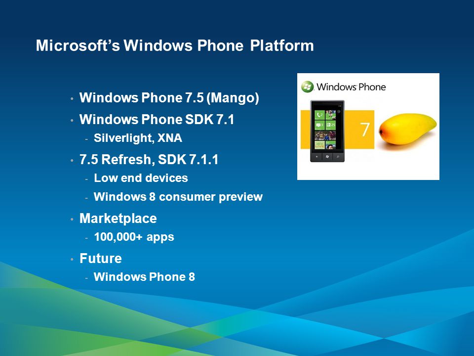 Microsoft’s Windows Phone Platform Windows Phone 7.5 (Mango) Windows Phone SDK Silverlight, XNA 7.5 Refresh, SDK Low end devices - Windows 8 consumer preview Marketplace - 100,000+ apps Future - Windows Phone 8