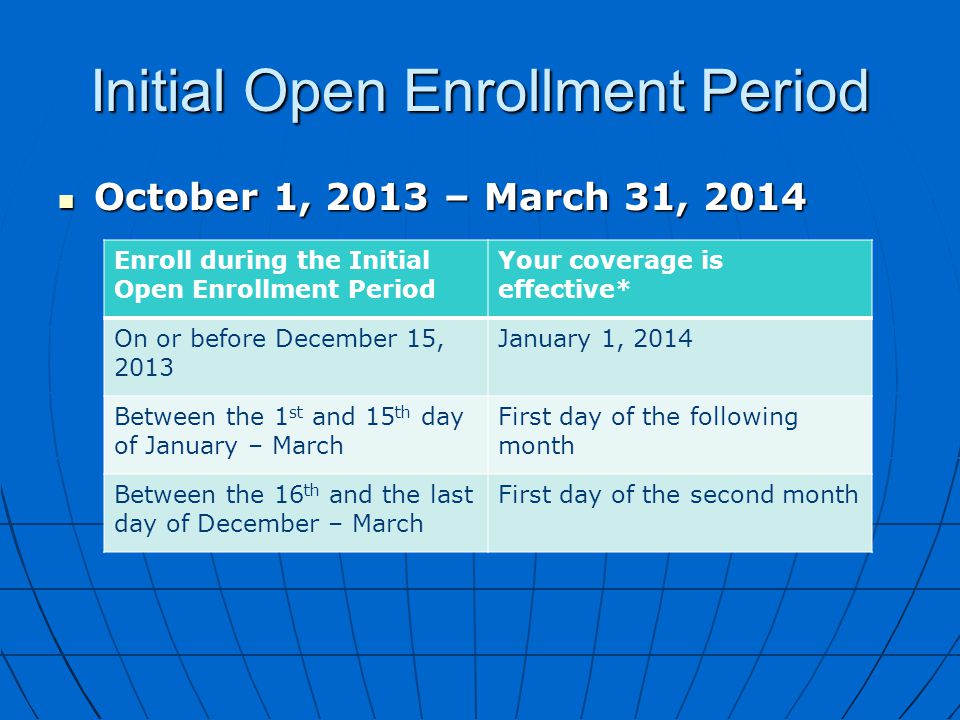 Initial Open Enrollment Period October 1, 2013 – March 31, 2014 October 1, 2013 – March 31, 2014 Enroll during the Initial Open Enrollment Period Your coverage is effective* On or before December 15, 2013 January 1, 2014 Between the 1 st and 15 th day of January – March First day of the following month Between the 16 th and the last day of December – March First day of the second month