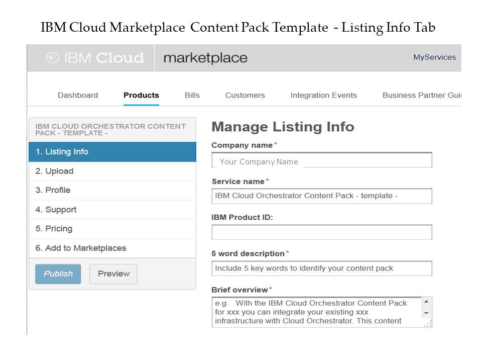 IBM Cloud Marketplace Content Pack Template - Listing Info Tab Your Company Name