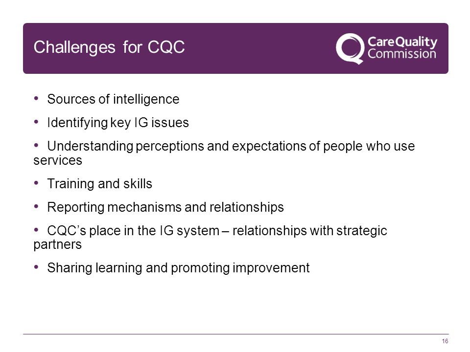 16 Challenges for CQC Sources of intelligence Identifying key IG issues Understanding perceptions and expectations of people who use services Training and skills Reporting mechanisms and relationships CQC’s place in the IG system – relationships with strategic partners Sharing learning and promoting improvement
