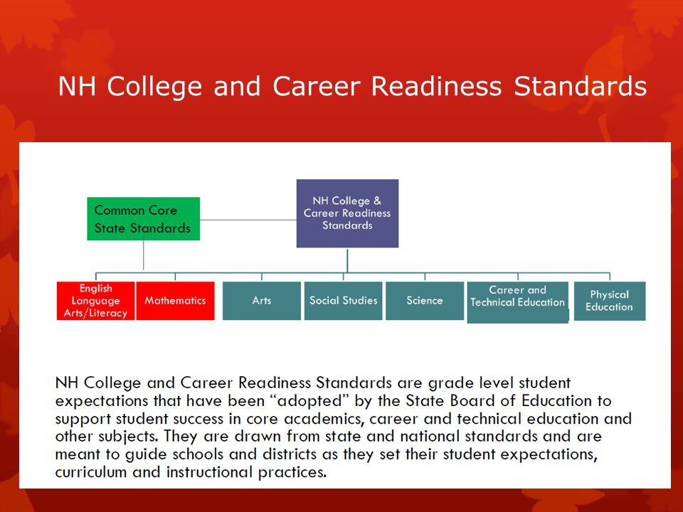 NH College and Career Readiness Standards  NH College and Career Readiness Standards are grade level student expectations that have been adopted by the State Board of Education to support student success in core academics, career and technical education and other subjects.