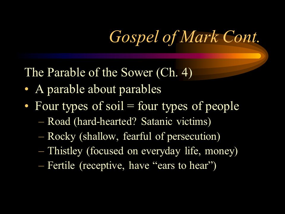 Gospel of Mark Cont. The Parable of the Sower (Ch.