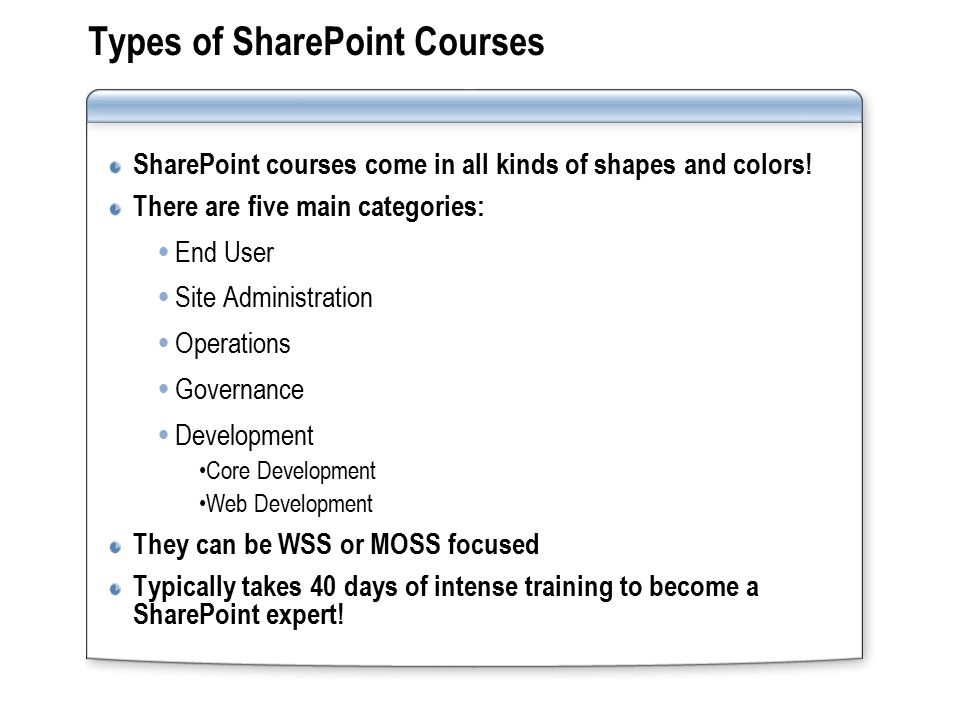 Types of SharePoint Courses SharePoint courses come in all kinds of shapes and colors.