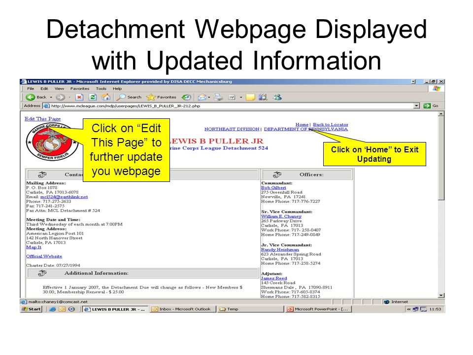 Detachment Webpage Displayed with Updated Information Click on Edit This Page to further update you webpage Click on ‘Home to Exit Updating