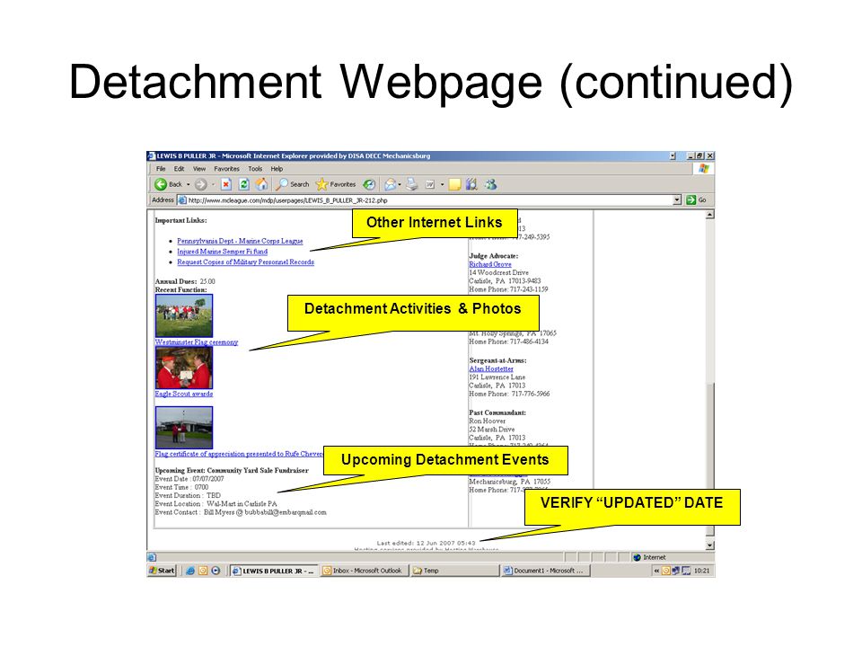 Detachment Webpage (continued) VERIFY UPDATED DATE Other Internet Links Detachment Activities & Photos Upcoming Detachment Events
