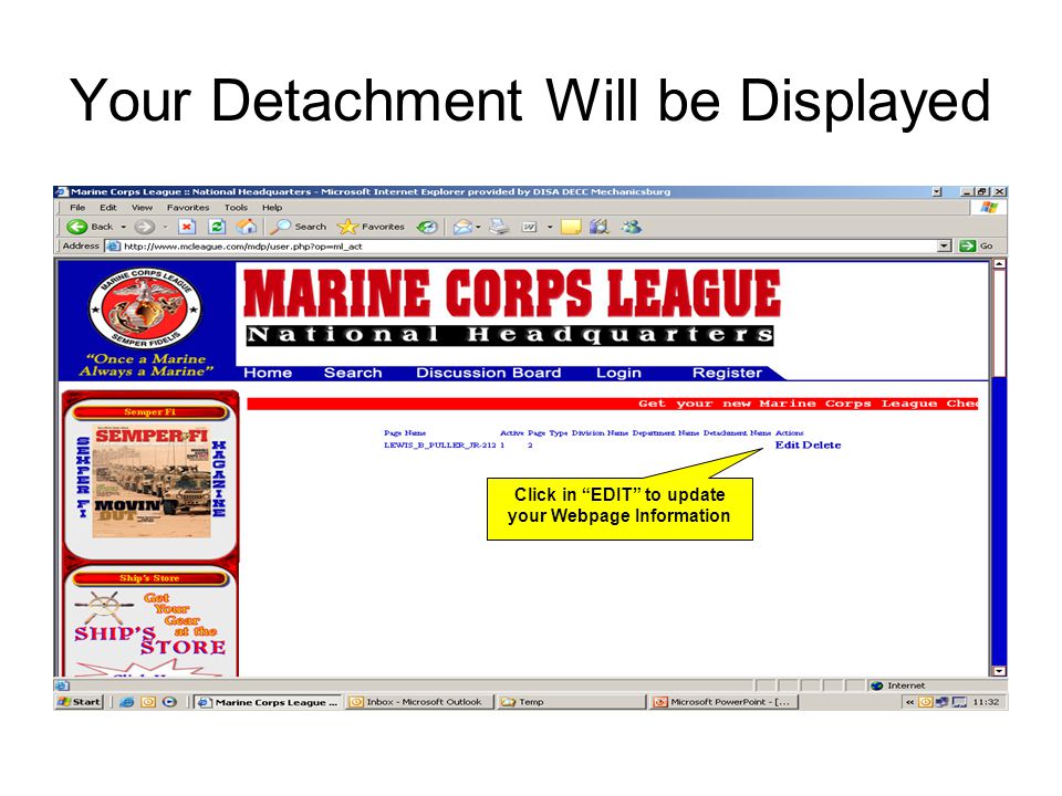 Your Detachment Will be Displayed Click in EDIT to update your Webpage Information