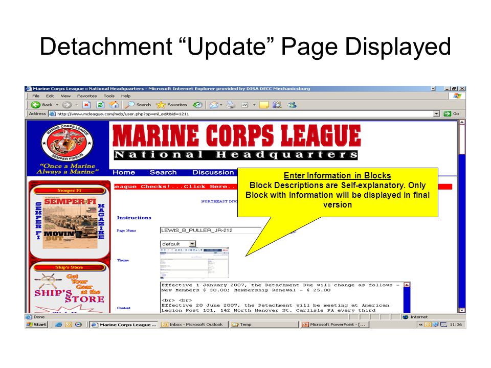 Detachment Update Page Displayed Enter Information in Blocks Block Descriptions are Self-explanatory.