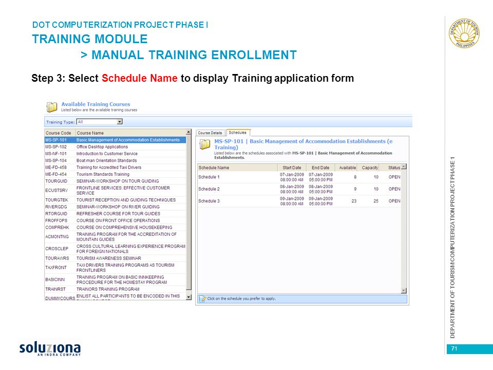1 dot computerization project phase i 71 training module manual training enrollment step 3 select schedule name to display training application form