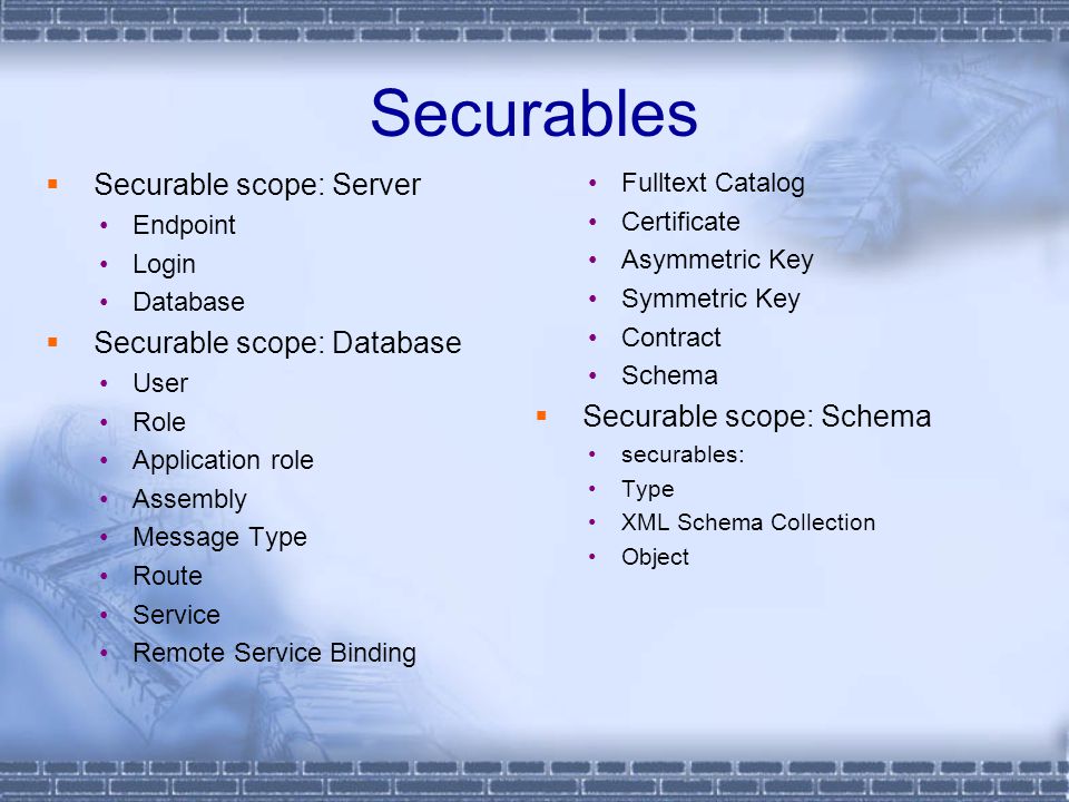 Securables  Securable scope: Server Endpoint Login Database  Securable scope: Database User Role Application role Assembly Message Type Route Service Remote Service Binding Fulltext Catalog Certificate Asymmetric Key Symmetric Key Contract Schema  Securable scope: Schema securables: Type XML Schema Collection Object