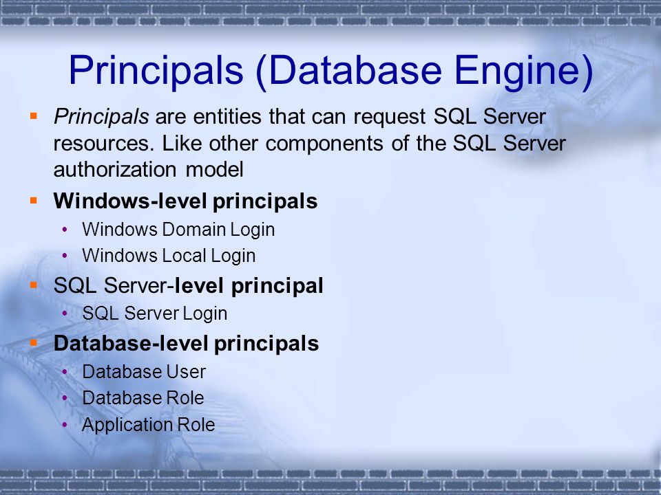 Principals (Database Engine)  Principals are entities that can request SQL Server resources.