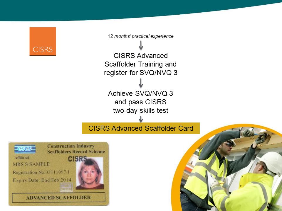 CISRS Advanced Scaffolder Training and register for SVQ/NVQ 3 Achieve SVQ/NVQ 3 and pass CISRS two-day skills test CISRS Advanced Scaffolder Card 12 months’ practical experience