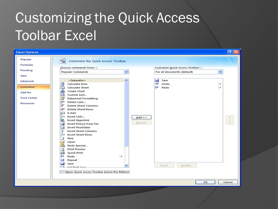 Customizing the Quick Access Toolbar Excel