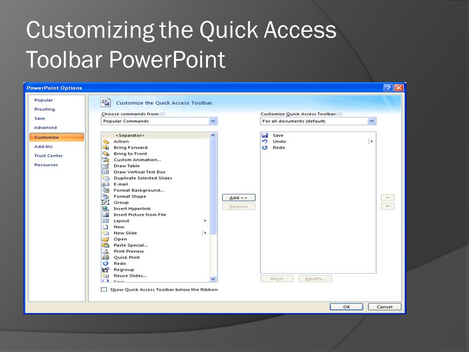 Customizing the Quick Access Toolbar PowerPoint