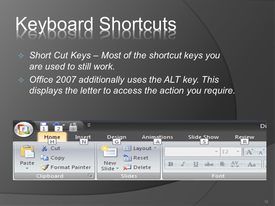  Short Cut Keys – Most of the shortcut keys you are used to still work.