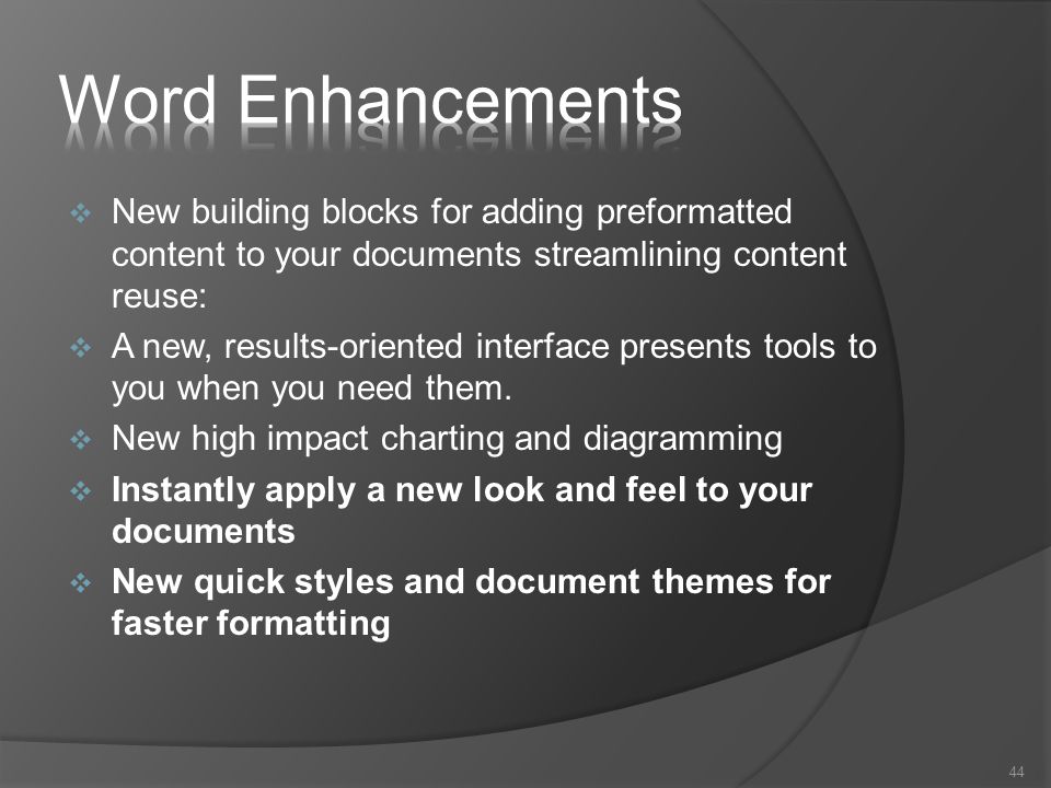  New building blocks for adding preformatted content to your documents streamlining content reuse:  A new, results-oriented interface presents tools to you when you need them.