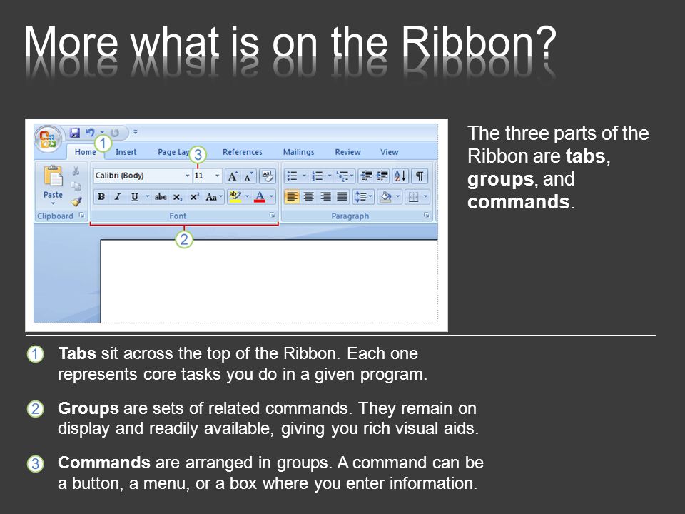 The three parts of the Ribbon are tabs, groups, and commands.