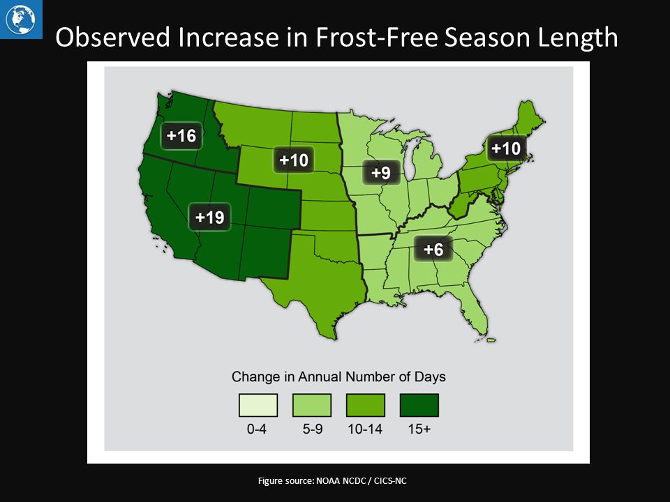 Observed Increase in Frost-Free Season Length Figure source: NOAA NCDC / CICS-NC