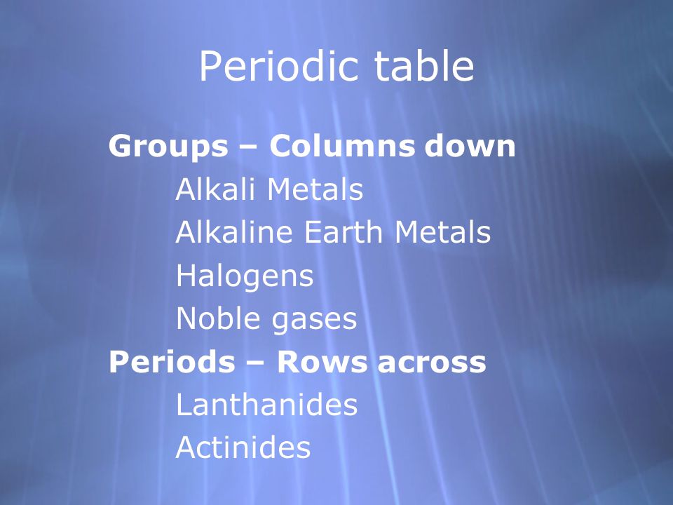 Periodic table Groups – Columns down Alkali Metals Alkaline Earth Metals Halogens Noble gases Periods – Rows across Lanthanides Actinides Groups – Columns down Alkali Metals Alkaline Earth Metals Halogens Noble gases Periods – Rows across Lanthanides Actinides
