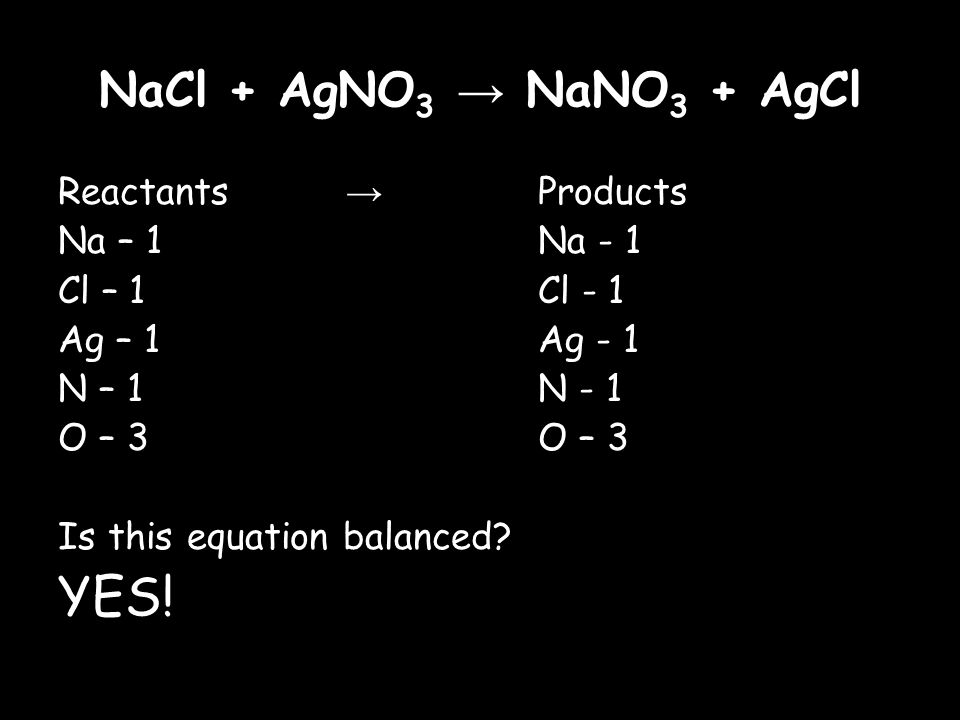 NaCl + AgNO 3 → NaNO 3 + AgCl Reactants → Products Na – 1Na - 1 Cl – 1Cl - 1 Ag – 1Ag - 1 N – 1N - 1O – 3 Is this equation balanced.