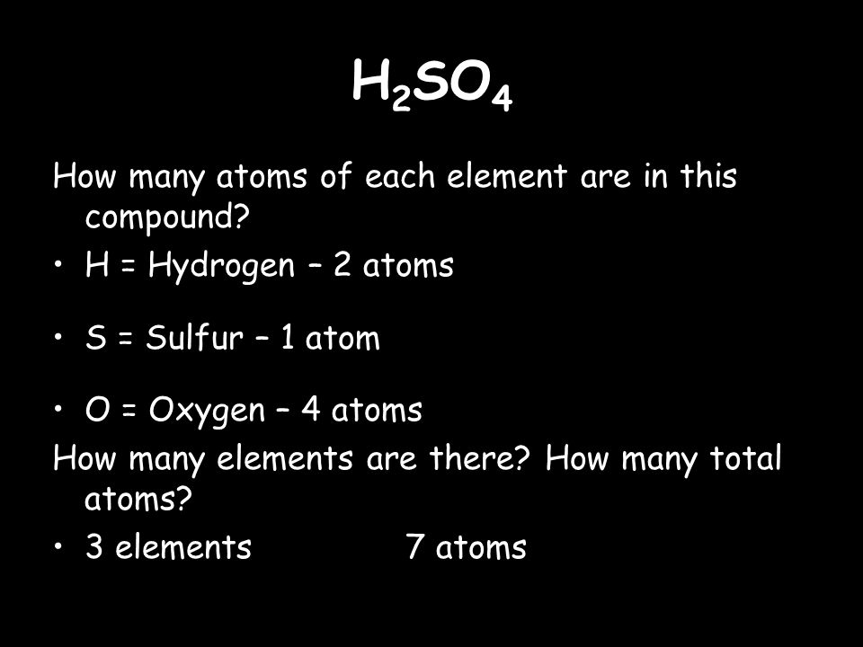 H 2 SO 4 How many atoms of each element are in this compound.