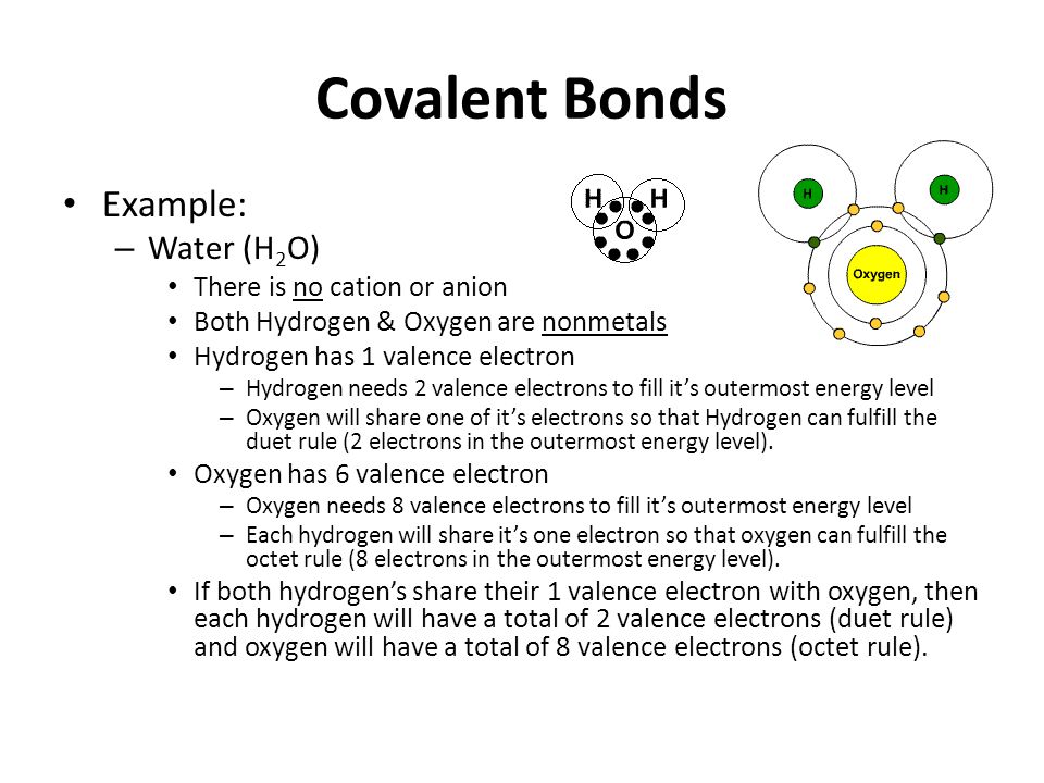 Covalent Bonds Example: – Water (H 2 O) There is no cation or anion Both Hydrogen & Oxygen are nonmetals Hydrogen has 1 valence electron – Hydrogen needs 2 valence electrons to fill it’s outermost energy level – Oxygen will share one of it’s electrons so that Hydrogen can fulfill the duet rule (2 electrons in the outermost energy level).