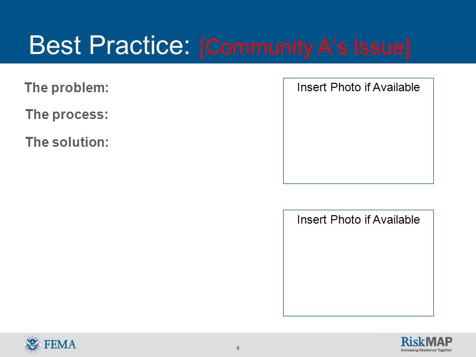 4 Best Practice: [Community A’s Issue] The process: The solution: The problem: Insert Photo if Available
