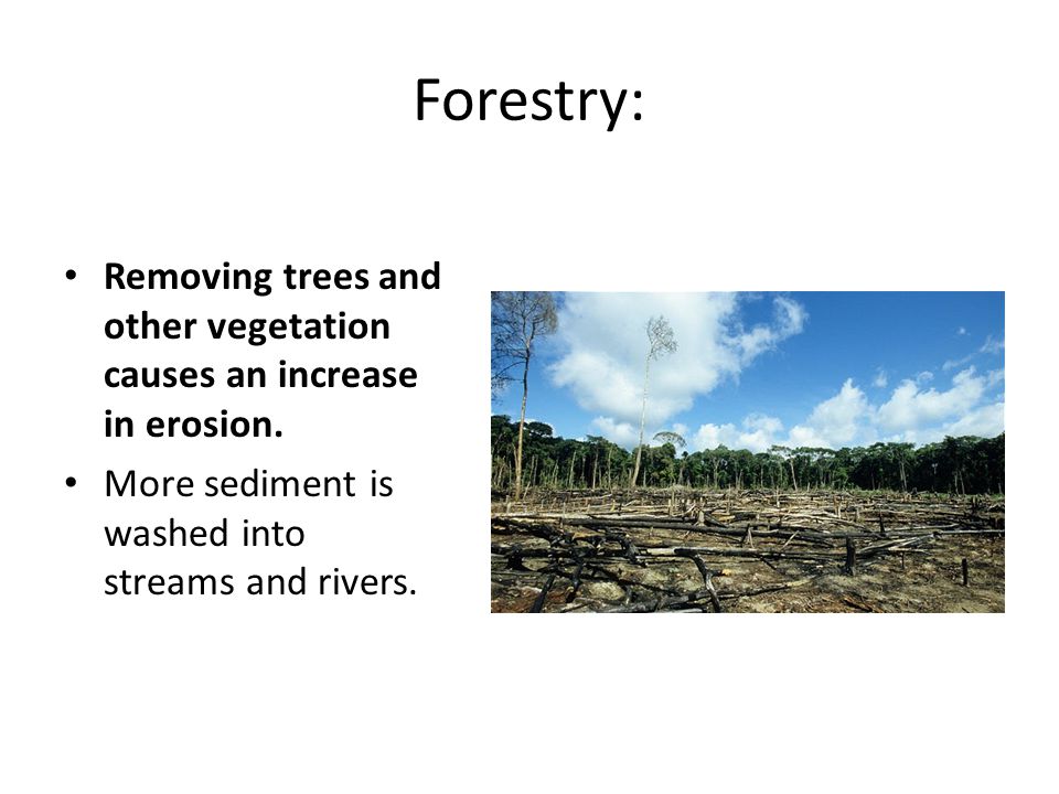 Forestry: Removing trees and other vegetation causes an increase in erosion.