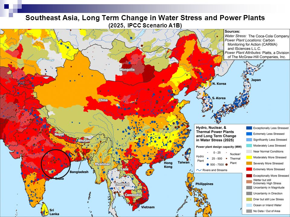 Southeast Asia, Long Term Change in Water Stress and Power Plants (2025, IPCC Scenario A1B)