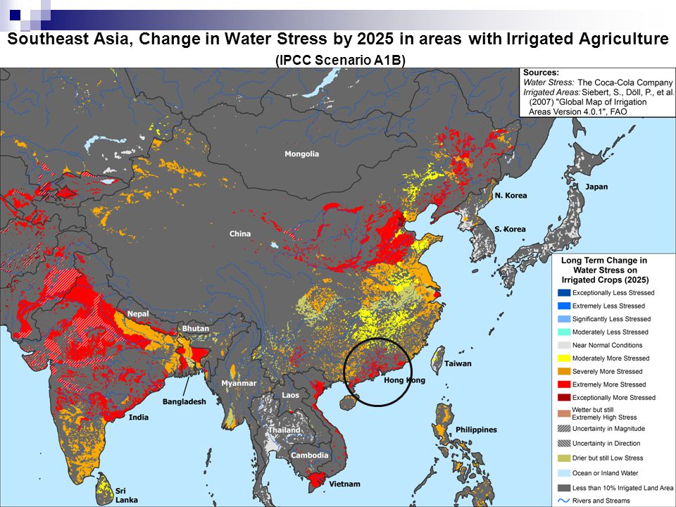 Southeast Asia, Change in Water Stress by 2025 in areas with Irrigated Agriculture (IPCC Scenario A1B)