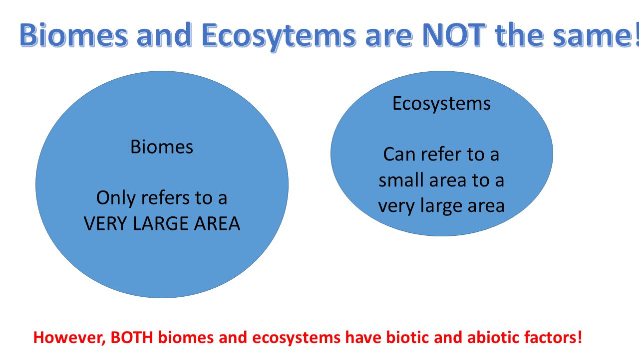 Biomes Only refers to a VERY LARGE AREA Ecosystems Can refer to a small area to a very large area However, BOTH biomes and ecosystems have biotic and abiotic factors!