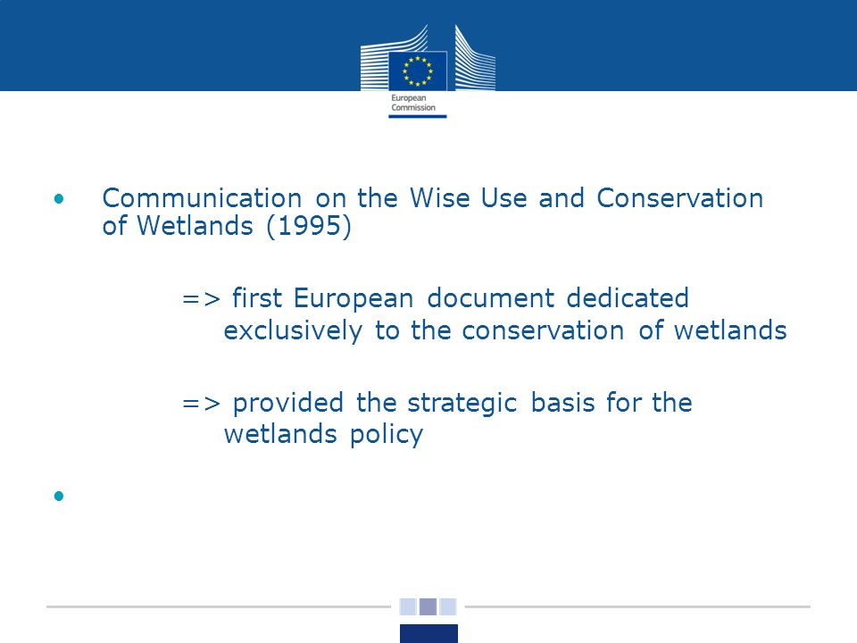 Communication on the Wise Use and Conservation of Wetlands (1995) => first European document dedicated exclusively to the conservation of wetlands => provided the strategic basis for the wetlands policy